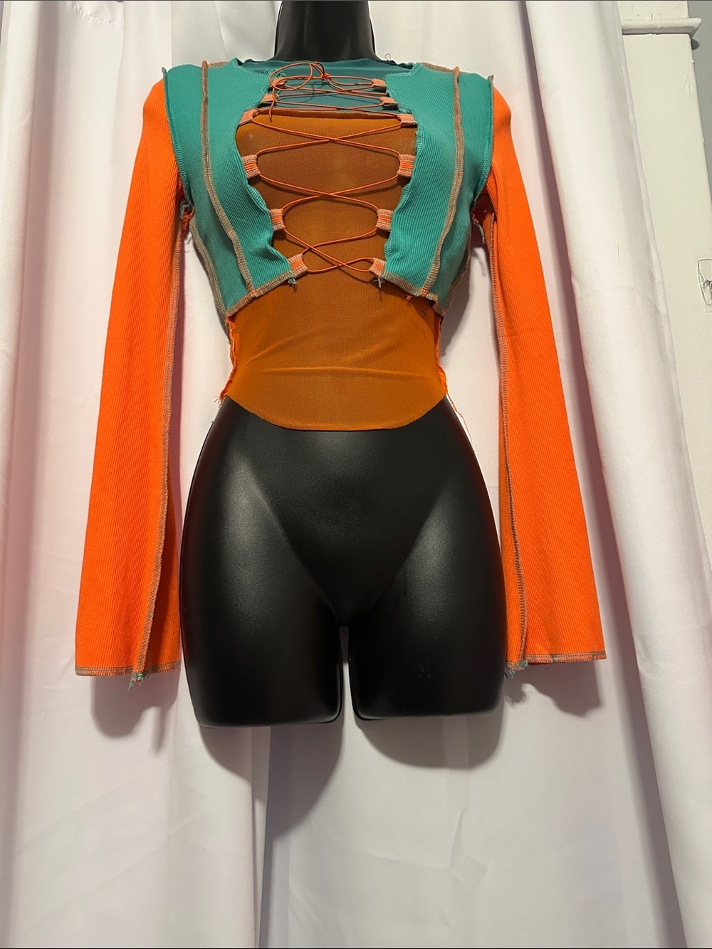 Color Block Orange blue ribbed patchwork  stitch long sleeve lace up  crop top